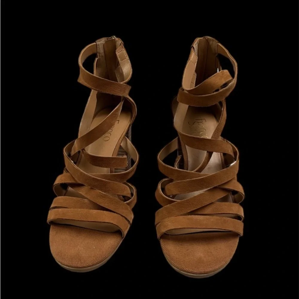 Franco Sarto Sandals‎ Womens 7.5 M Hachi Zip Ankle Strappy Brown Leather Heels - Picture 2 of 9